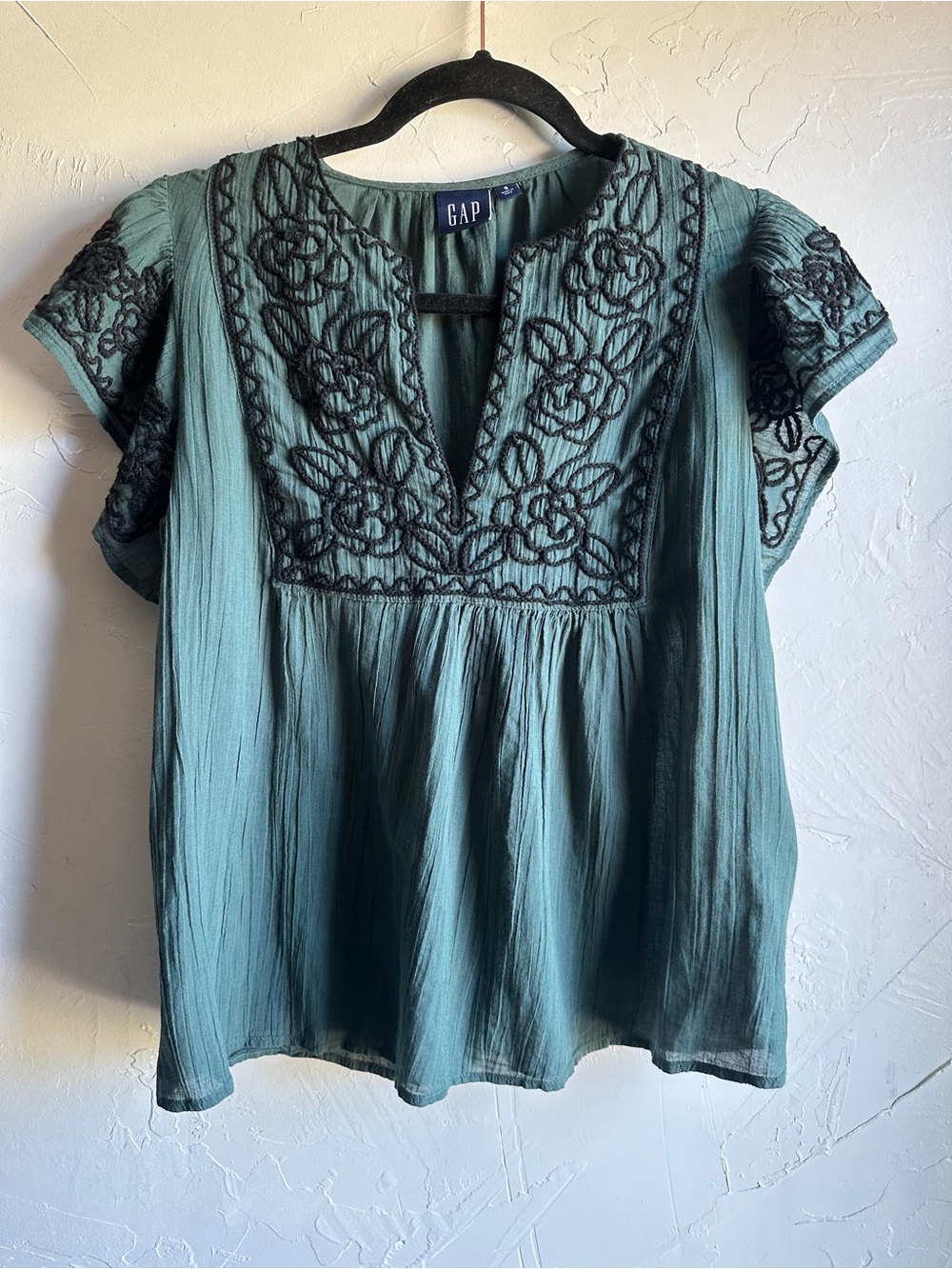 Boho Embroidered Cotton Peasant Tunic Top Sage Green Flutter Sleeve Gap S